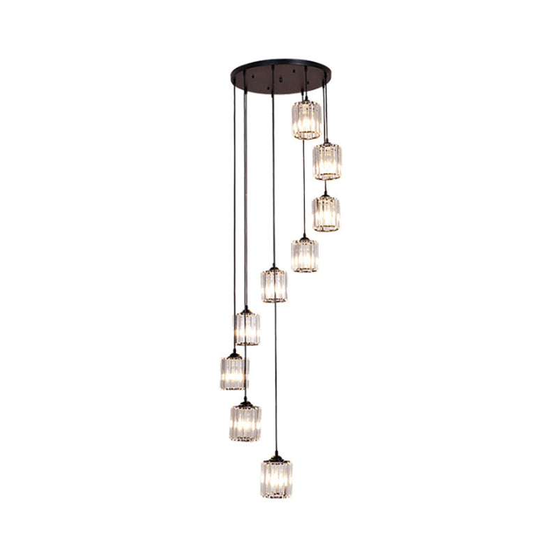 Modern Crystal Pendant Light for Stairs - Minimalist Black Cylinder Cluster Drop Lamp