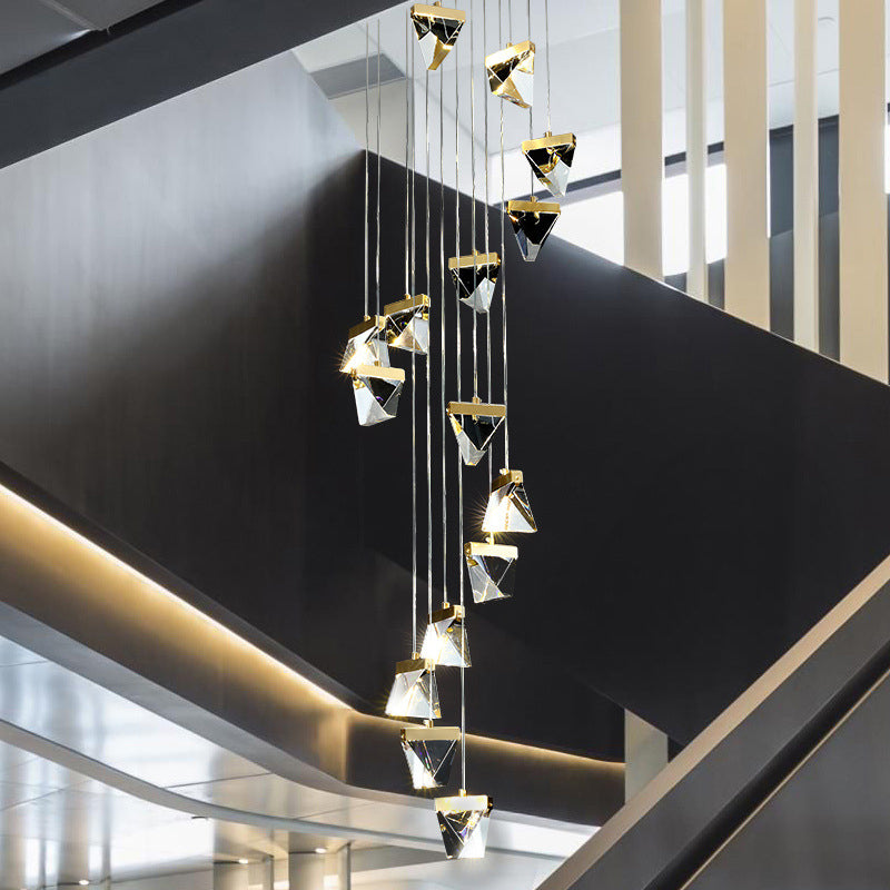 Contemporary Crystal Pendant Light for Stairs: Triangle Spiral Cluster Design
