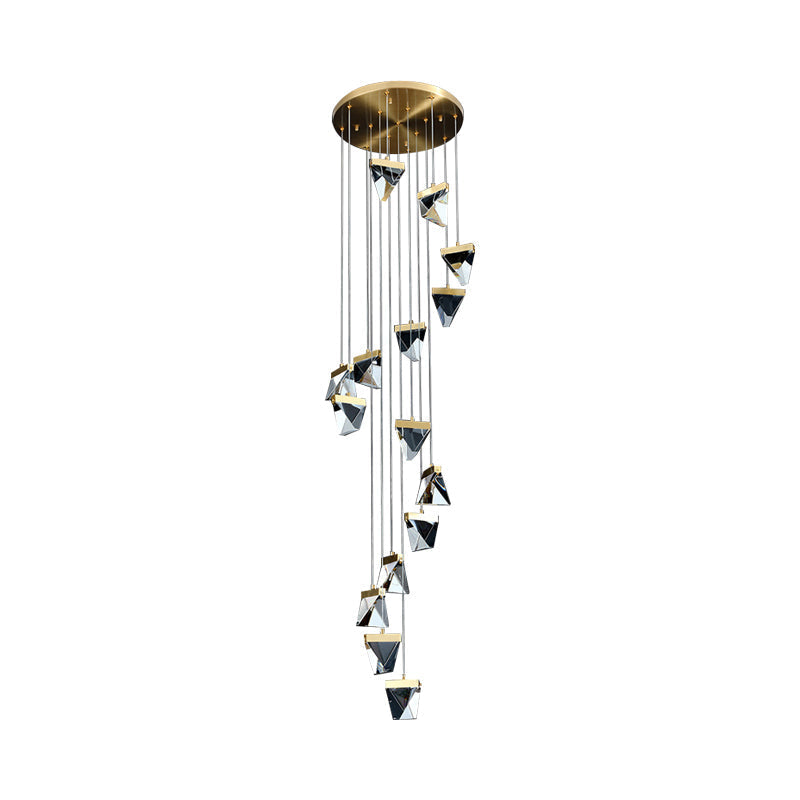 Contemporary Crystal Pendant Light for Stairs: Triangle Spiral Cluster Design