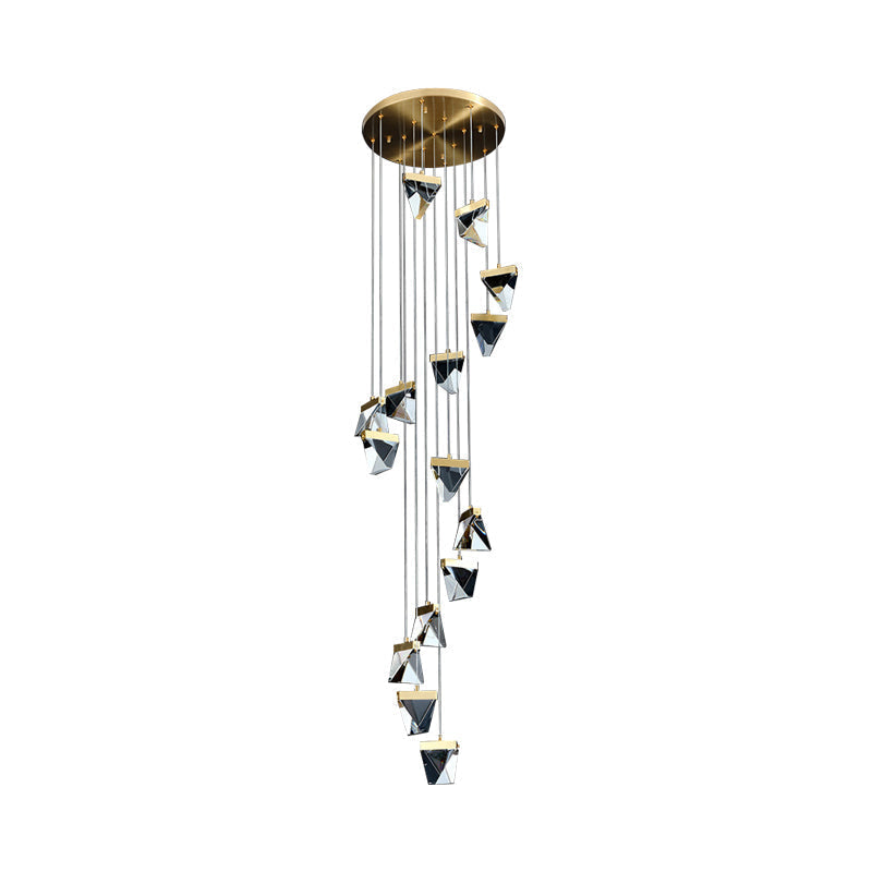 Contemporary Crystal Cluster Pendant For Stairs - Clear Triangle Spiral Hanging Light