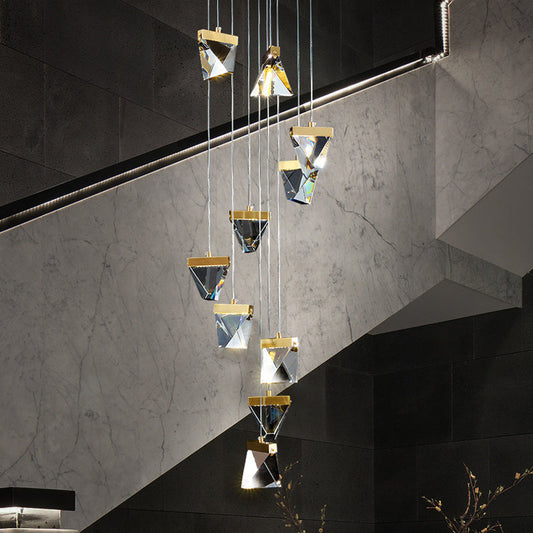 Contemporary Crystal Pendant Light for Stairs: Triangle Spiral Cluster Design