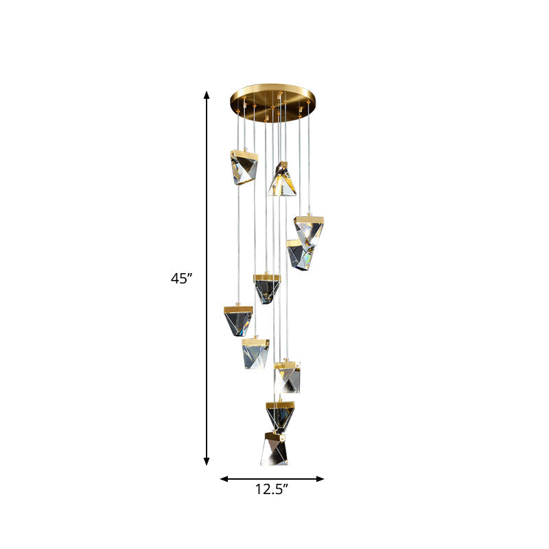 Contemporary Crystal Pendant Light for Stairs: Triangle Spiral Cluster Design