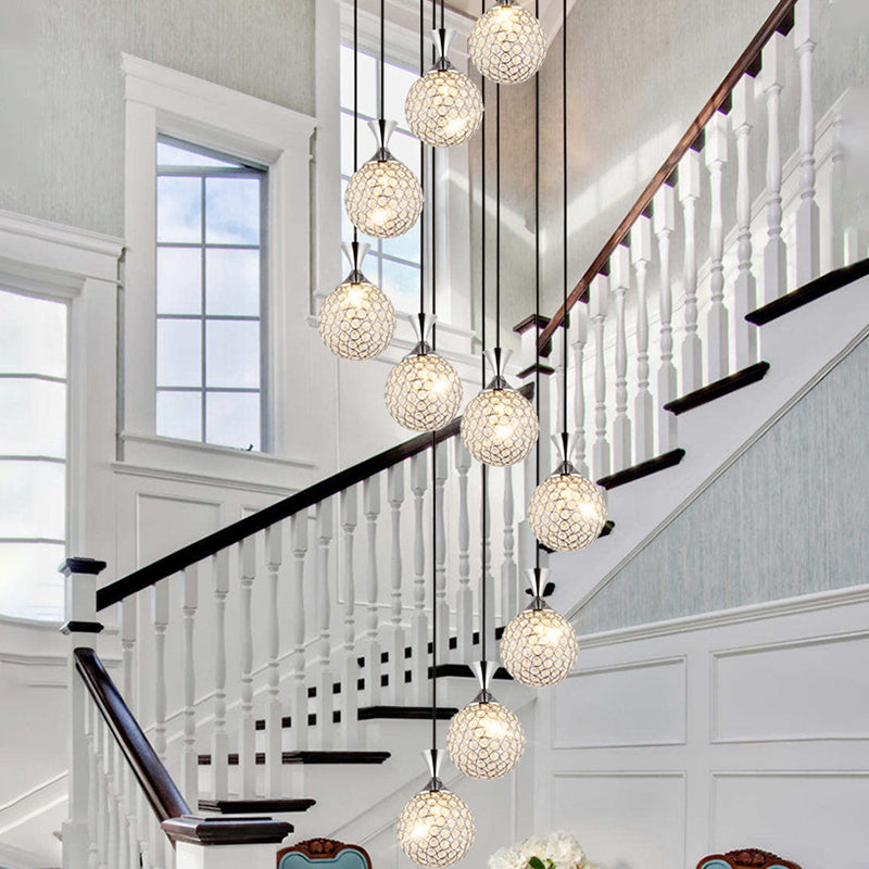 Modern Crystal Embedded Ball Spiral Pendant Light - 10-Light Cluster Hanging Fixture