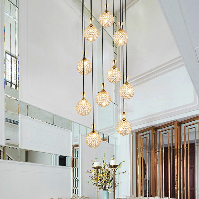 Modern Crystal Embedded Ball Spiral Pendant Light - 10-Light Cluster Hanging Fixture