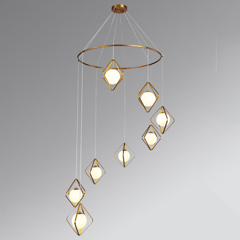 Opal Glass Shade Multi Light Pendant with Global Metallic Design for Living Room