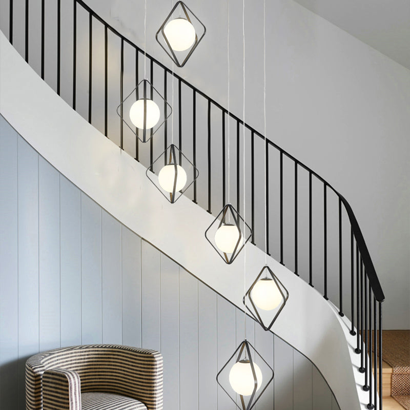 Opal Glass Shade Multi Light Pendant with Global Metallic Design for Living Room