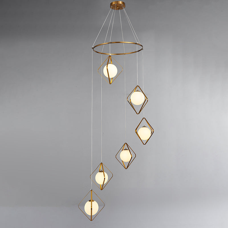 Opal Glass Shade Multi Light Pendant with Global Metallic Design for Living Room