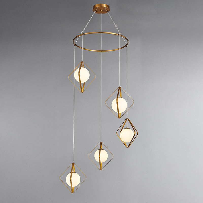 Opal Glass Shade Multi Light Pendant with Global Metallic Design for Living Room