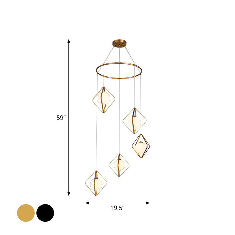 Opal Glass Shade Multi Light Pendant with Global Metallic Design for Living Room