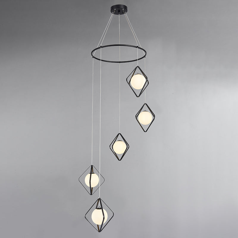 Opal Glass Shade Multi Light Pendant with Global Metallic Design for Living Room