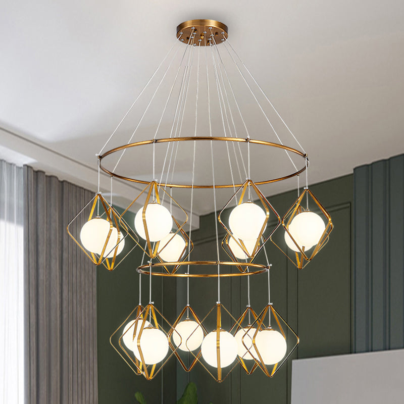 Opal Glass Shade Multi Light Pendant with Global Metallic Design for Living Room