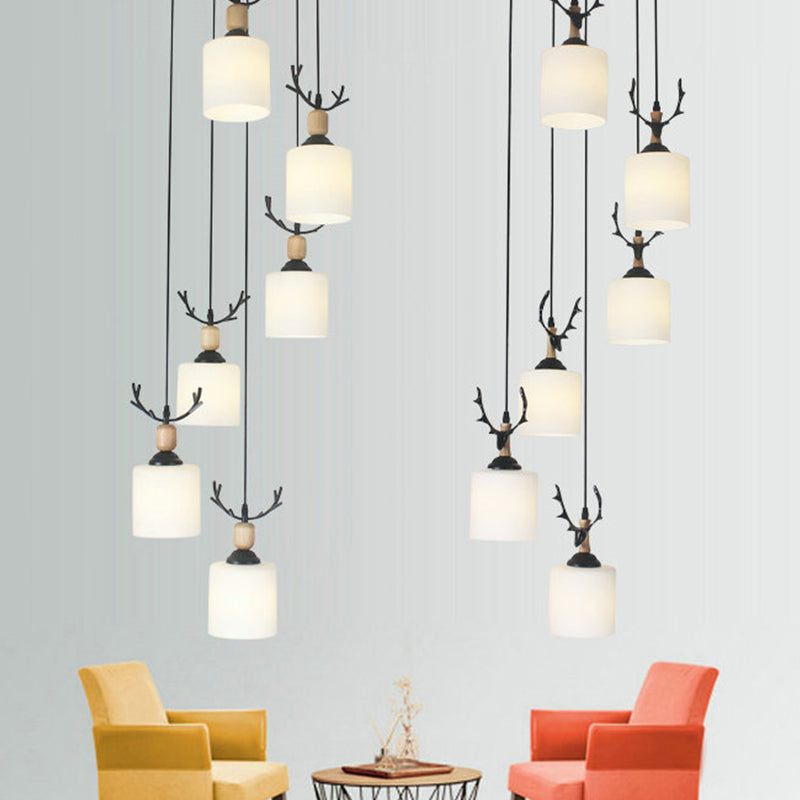 Opal Glass Modern Cylinder Pendant Light with Black Canopy for Stairs