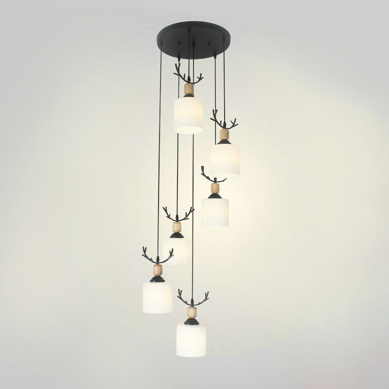 Opal Glass Modern Cylinder Pendant Light with Black Canopy for Stairs
