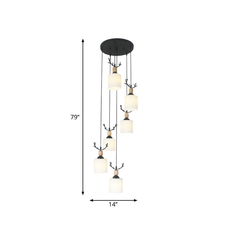 Opal Glass Modern Cylinder Pendant Light with Black Canopy for Stairs