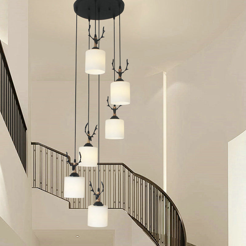 Opal Glass Modern Cylinder Pendant Light with Black Canopy for Stairs
