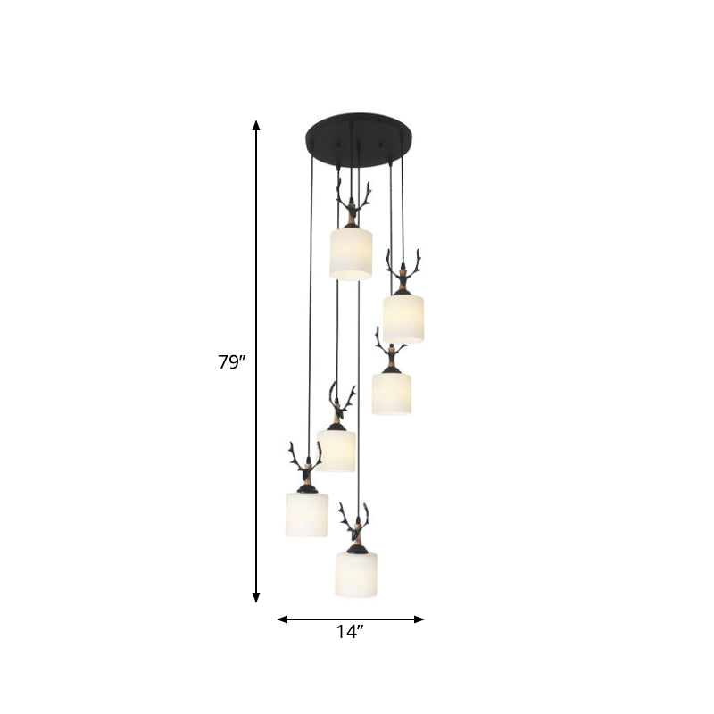 Opal Glass Modern Cylinder Pendant Light with Black Canopy for Stairs