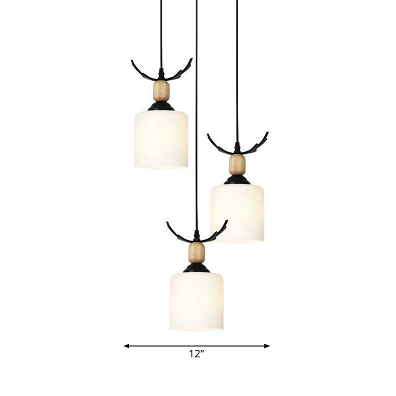 Opal Glass Modern Cylinder Pendant Light with Black Canopy for Stairs