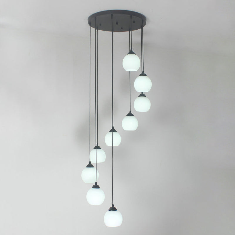 Spiral Milky Glass Multi Pendant Simple Hanging Ceiling Light in Black for Stairs