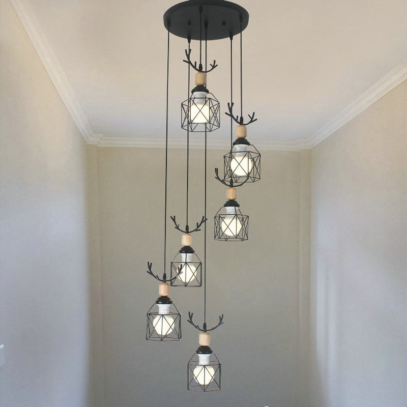 Modernist Black Hexagon Cage Pendant Lamp with Spiral Design - Metal Multiple Hanging Light