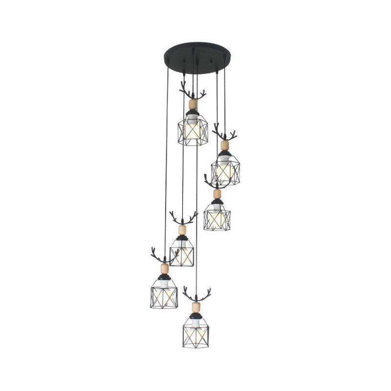 Modernist Black Hexagon Cage Pendant Lamp with Spiral Design - Metal Multiple Hanging Light