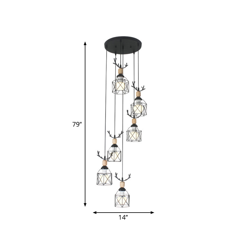 Modernist Black Hexagon Cage Pendant Lamp with Spiral Design - Metal Multiple Hanging Light
