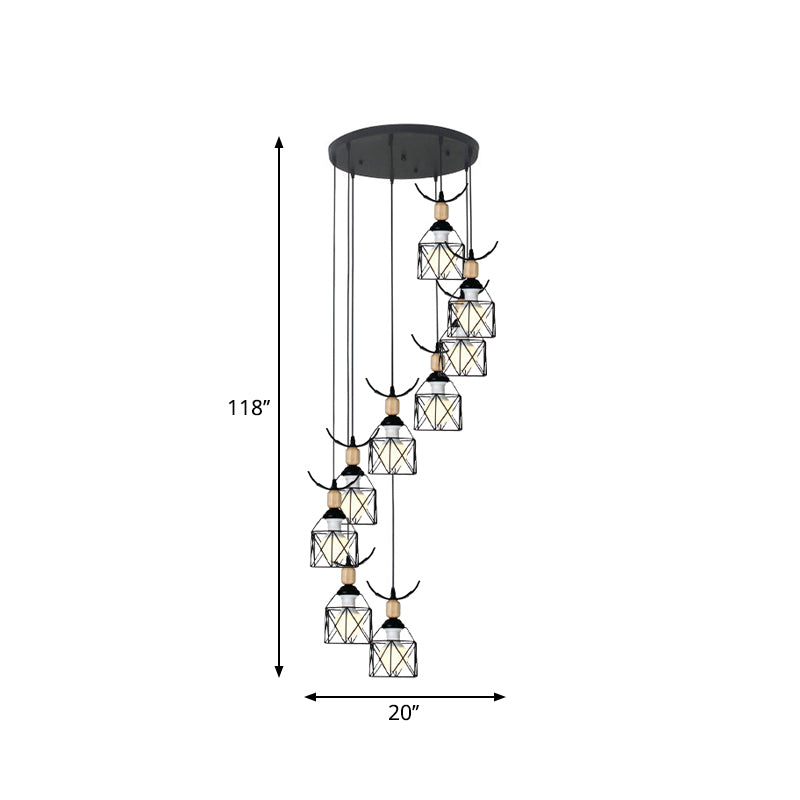 Modernist Black Hexagon Cage Pendant Lamp with Spiral Design - Metal Multiple Hanging Light