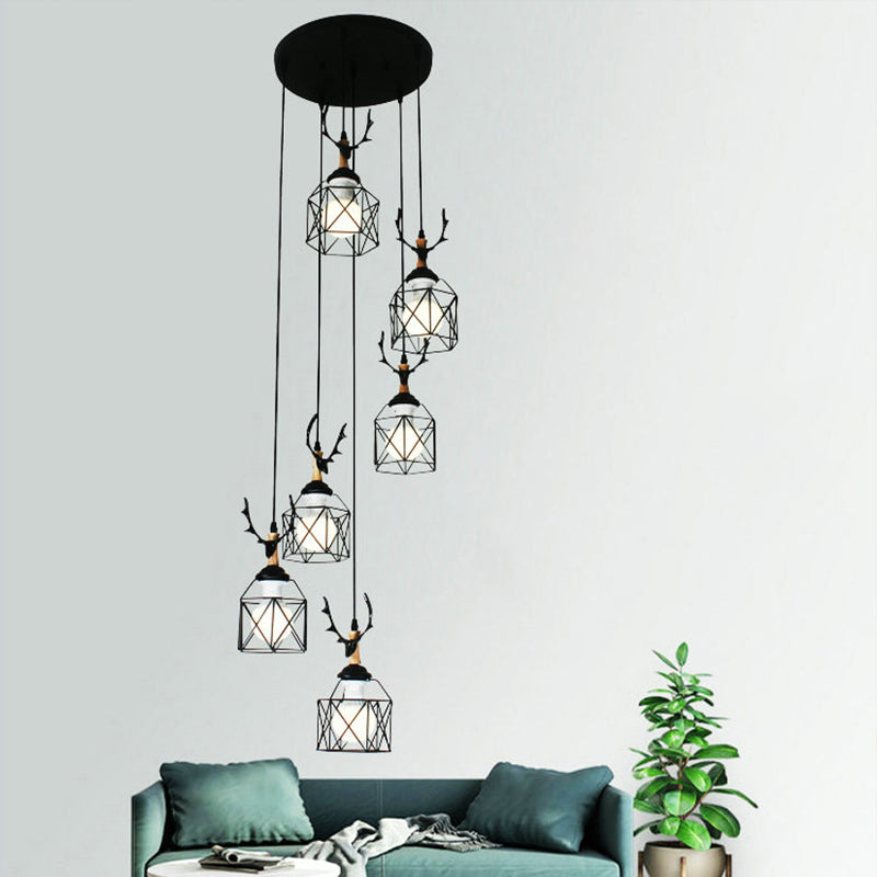 Modernist Black Hexagon Cage Pendant Lamp with Spiral Design - Metal Multiple Hanging Light