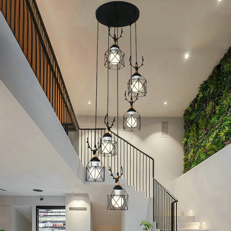 Modernist Black Hexagon Cage Pendant Lamp with Spiral Design - Metal Multiple Hanging Light