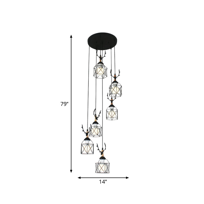 Modernist Black Hexagon Cage Pendant Lamp with Spiral Design - Metal Multiple Hanging Light
