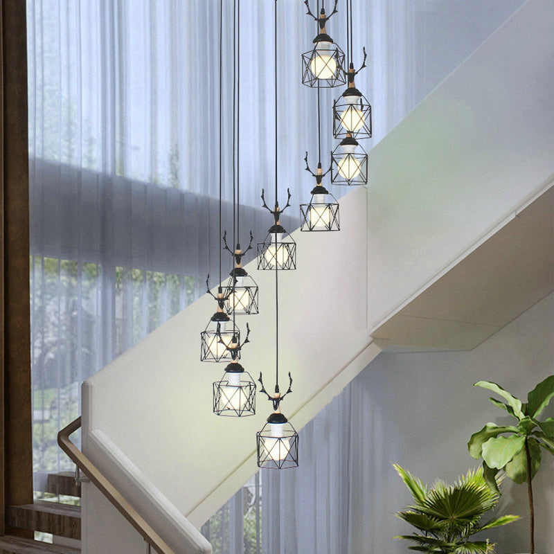 Modernist Black Hexagon Cage Pendant Lamp with Spiral Design - Metal Multiple Hanging Light
