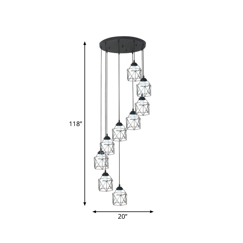 Modernist Black Hexagon Cage Pendant Lamp with Spiral Design - Metal Multiple Hanging Light