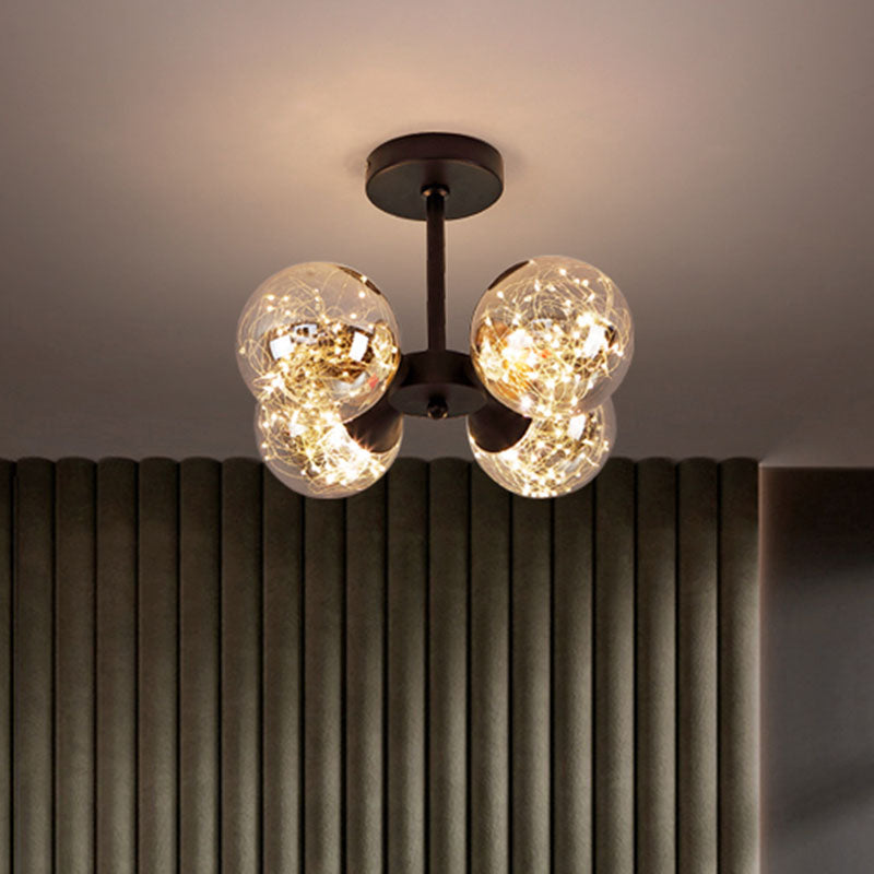 Modern Glass Semi Flush Mount Ceiling Light with Spherical LED Bulbs - 4-Light Bedroom Fixture