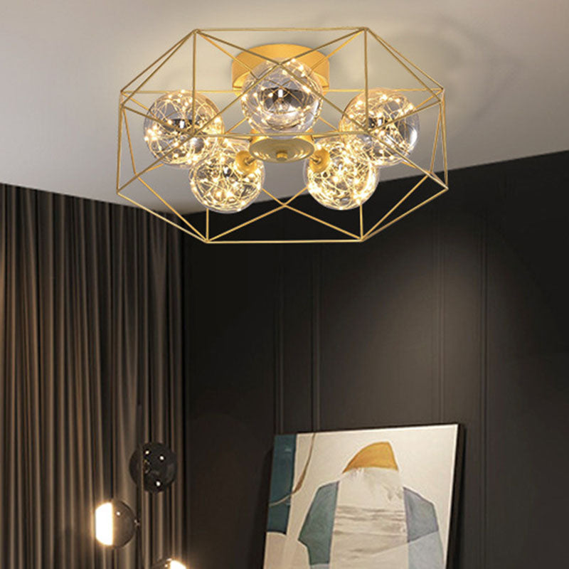 Smoke Grey Glass Orb Ceiling Light With Metal Hexagonal Cage - Simple 5-Head Gold Finish / Natural