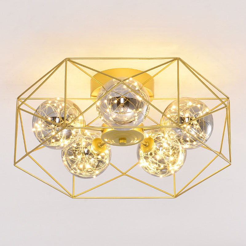 Smoke Grey Glass Orb Ceiling Light with Metal Hexagonal Cage - Simple 5-Head Gold Finish