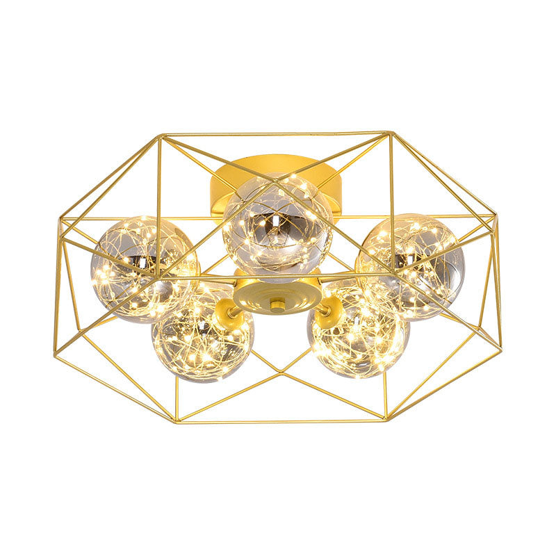 Smoke Grey Glass Orb Ceiling Light With Metal Hexagonal Cage - Simple 5-Head Gold Finish