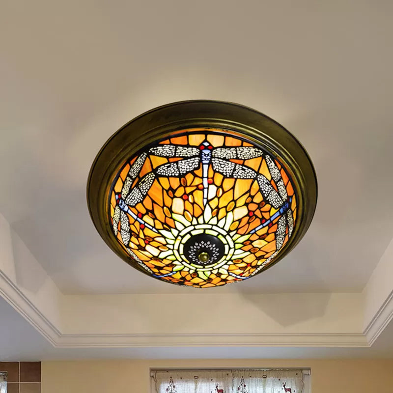 Rustic Dragonfly Stained Glass Ceiling Light - 19.5"/15" Width, Orange Indoor Flush Mount