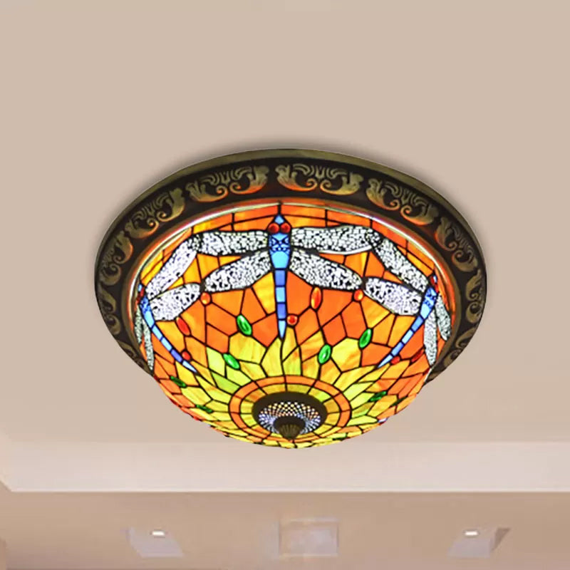 Rustic Dragonfly Stained Glass Ceiling Light - 19.5"/15" Width, Orange Indoor Flush Mount