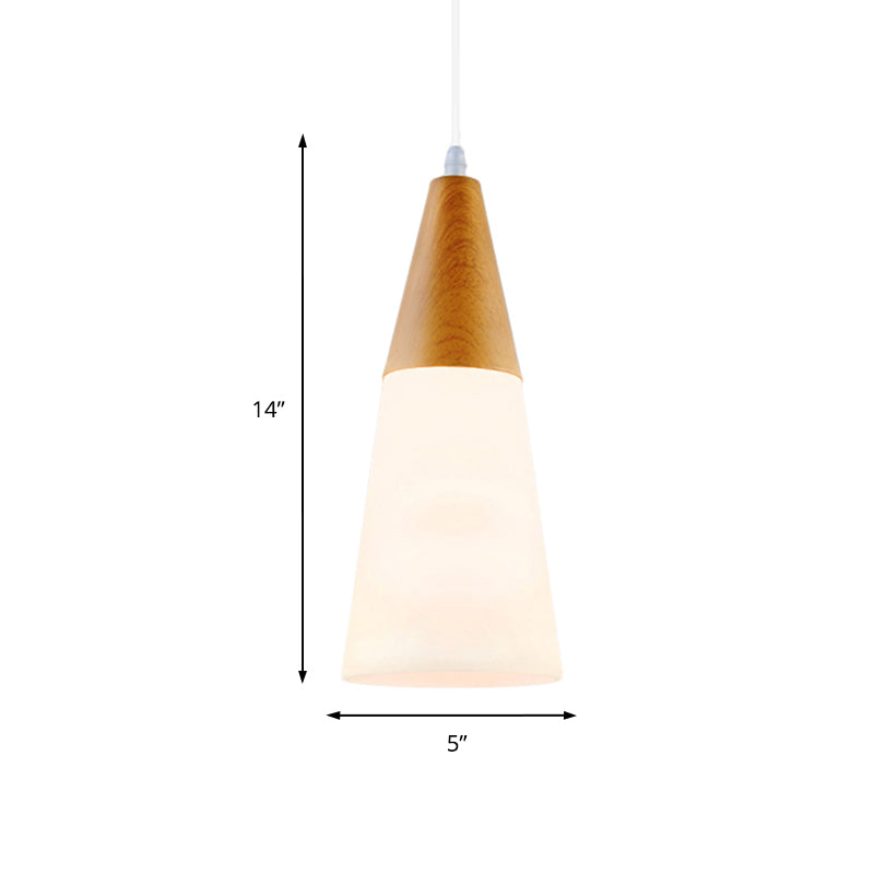 Natural Wood Cone Milk Glass Suspension Pendant Light - Modern 1-Light Fixture (5"/7.5"/10.5" Wide)