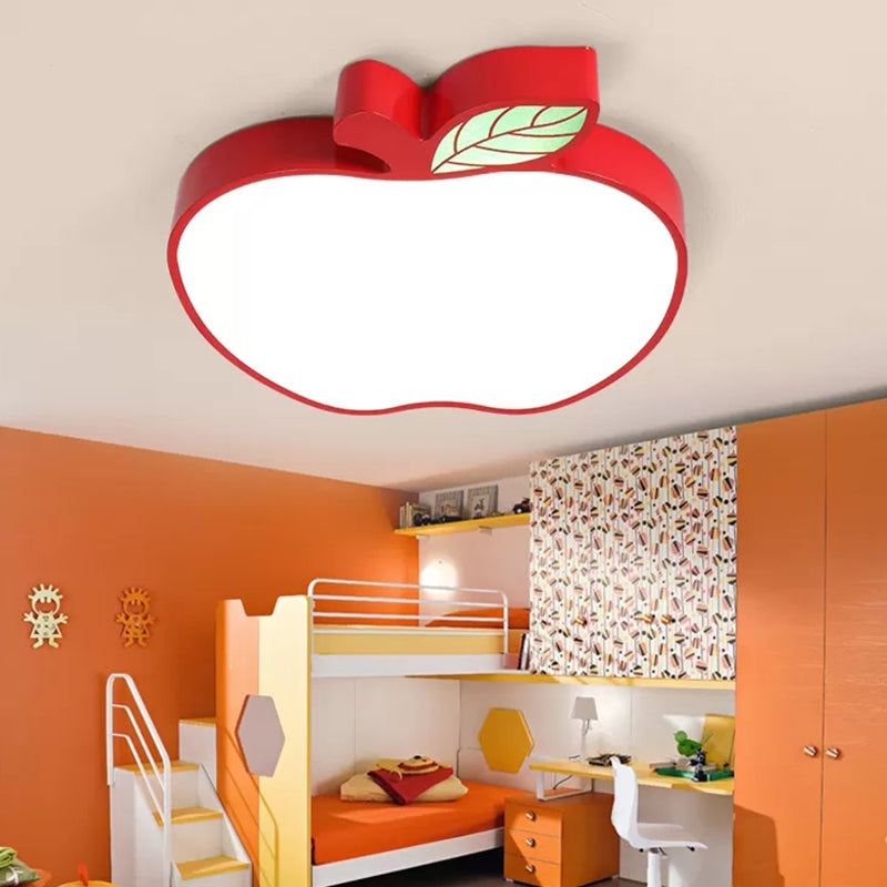 Apple Metal Ceiling Light with Leaf Design for Kids' Bedroom - Macaron Flush Mount