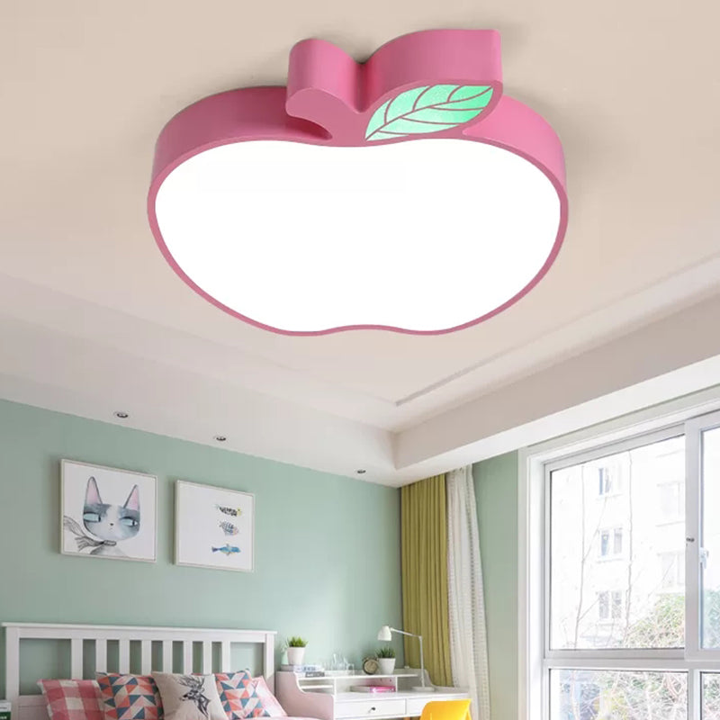 Apple Metal Ceiling Light with Leaf Design for Kids' Bedroom - Macaron Flush Mount