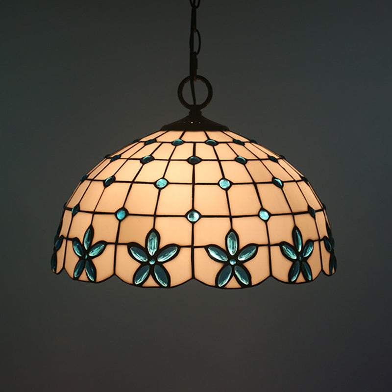 Kit de suspension en verre blanc avec fleur en forme de bol en treillis Tiffany pour salle à manger