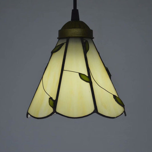 White Glass Cone Hanging Light Kit - Mission 1-Light Pendant Lamp with Bronze Leaf Pattern and Scalloped Trim