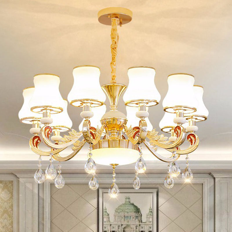 Gold Curved Downlight Pendant Chandelier with White Frosted Glass Shade