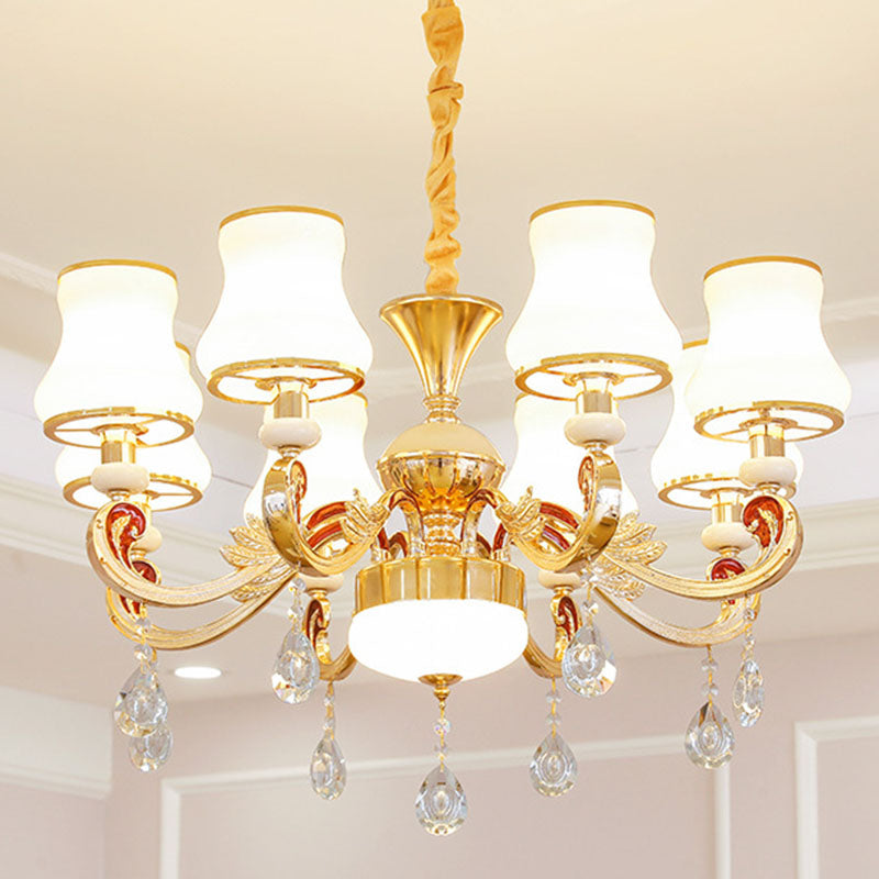 Gold Curved Downlight Pendant Chandelier with White Frosted Glass Shade