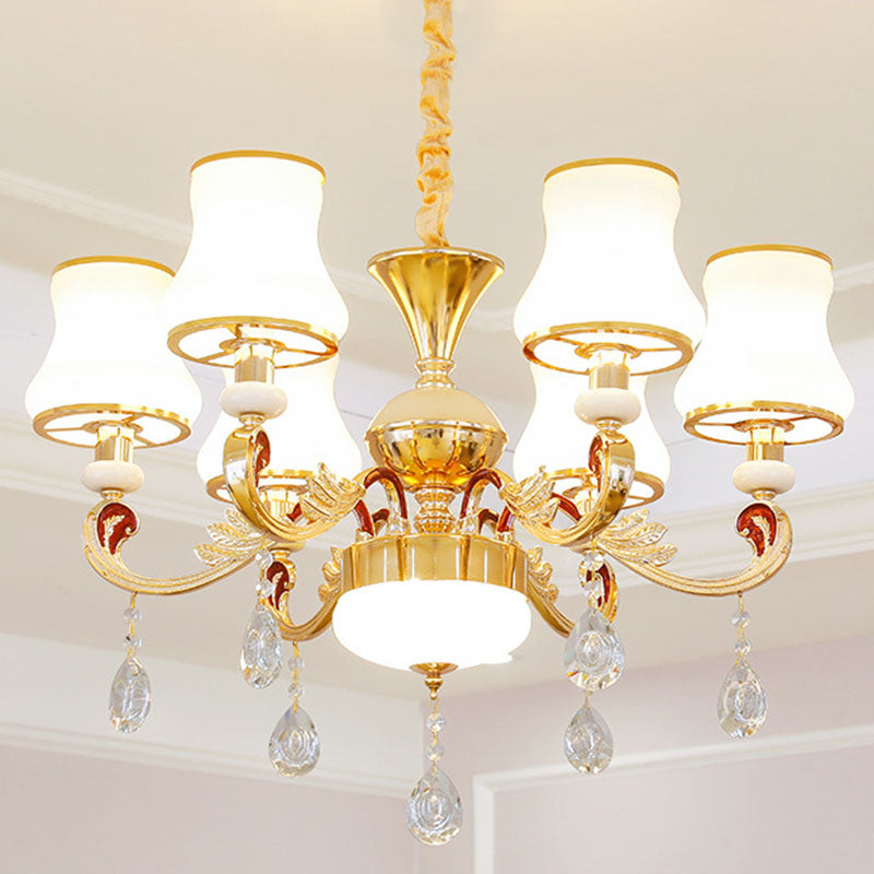 Gold Curved Downlight Pendant Chandelier with White Frosted Glass Shade