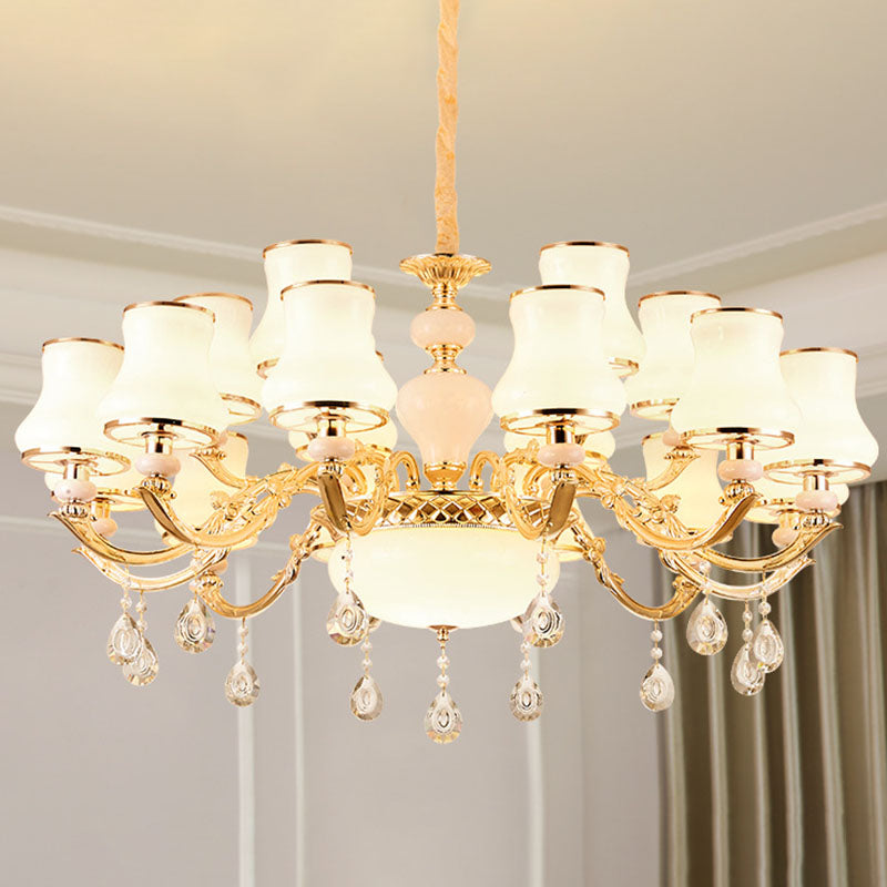Gold Curved Downlight Pendant Chandelier with White Frosted Glass Shade