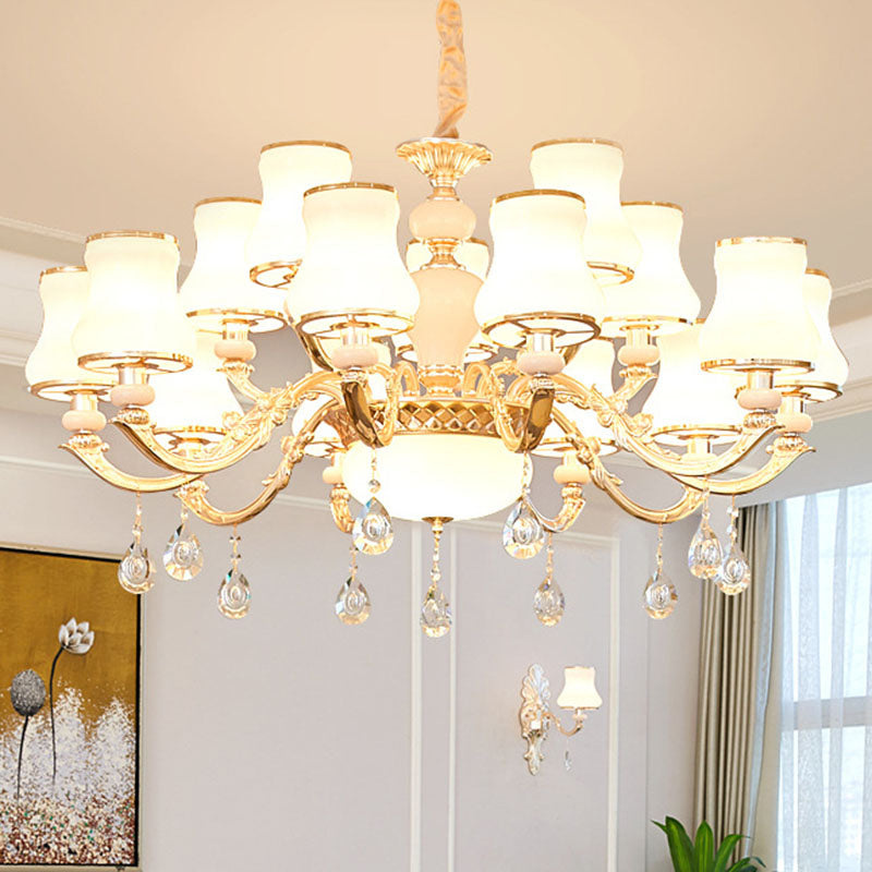 Gold Curved Downlight Pendant Chandelier with White Frosted Glass Shade