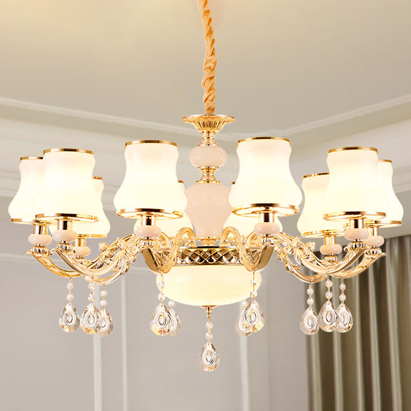 Gold Curved Downlight Pendant Chandelier with White Frosted Glass Shade