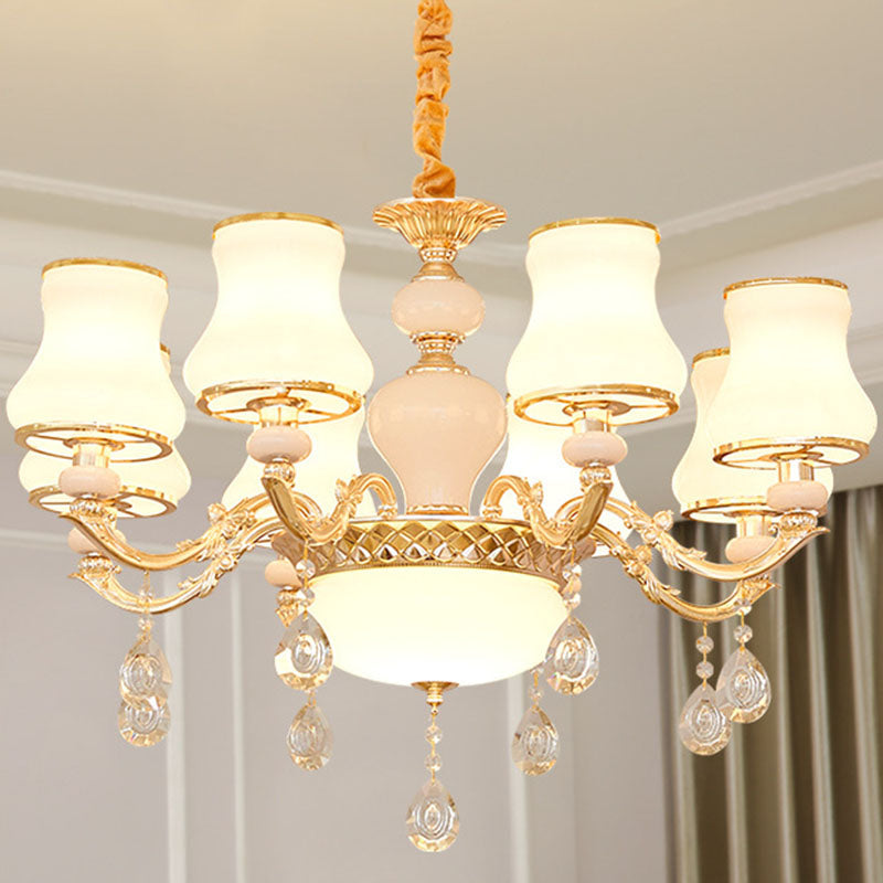 Gold Curved Downlight Pendant Chandelier with White Frosted Glass Shade