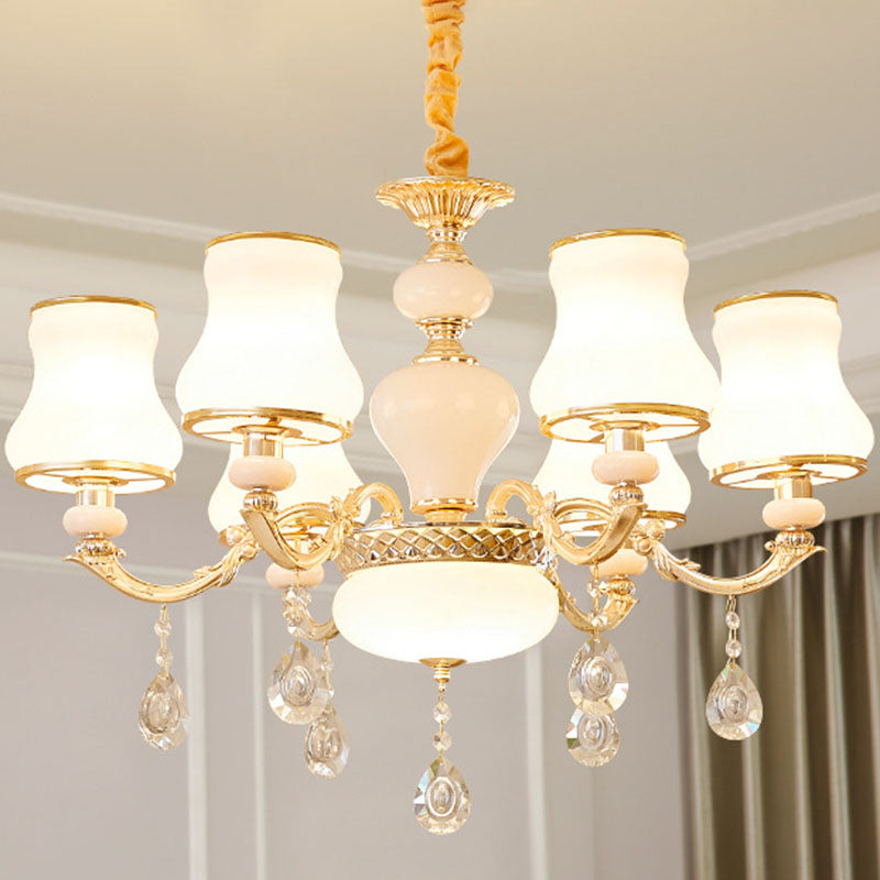 Gold Curved Downlight Pendant Chandelier with White Frosted Glass Shade